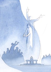 Chrystus jest naprawdę jednym z nami, przez swoje ciało i krew, a także jednym z Ojcem (do którego nas pociąga) z powodu swojej boskości., 2000 (w/c na papierze) autorstwa Elizabeth Wang