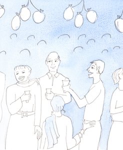 Chrystus patrzy z radością, kiedy świętujemy życie lub dobrą nowinę, dzieląc się jedzeniem i piciem z przyjaciółmi, na przyjęciu, w autentycznej wzajemnej radości, z pragnieniem dawania radości i pocieszania zmęczonych serc. Falowanie autorstwa Elizabeth Wang