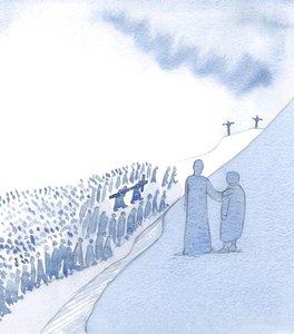 Chrystus czule spogląda na naszą pamięć o Jego świętej męce. Kocha nasze oddanie i widzi, jak postępujemy w pokorze., 2000 (w/c na papierze) autorstwa Elizabeth Wang