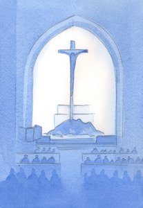 Chrystus składa z naszego sanktuarium tę samą Ofiarę, którą złożył z krzyża: całkowite oddanie się Ojcu, 2002 (w/c na papierze) autorstwa Elizabeth Wang