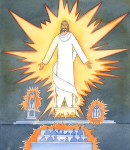 Chrystus, nasz Zbawiciel, jest obecny w Piśmie Świętym, obecny w kapłanie, który jest dla nas "drugim Chrystusem", obecny w zgromadzeniu, które jest Ciałem Chrystusa - ale jest obecny przede wszystkim, istotowo, w postaciach eucharystycznych, 2005 (akwarel autorstwa Elizabeth Wang