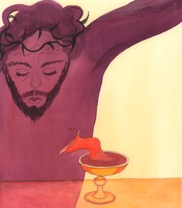 Chrystus przelał za nas swoją życiodajną krew na Kalwarii, 2000 (w/c na papierze) autorstwa Elizabeth Wang
