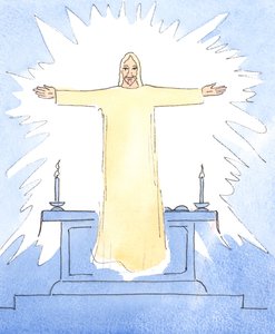 Chrystus objawił się podczas konsekracji, 2004 (w/c na papierze) autorstwa Elizabeth Wang