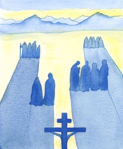 Chrystus ujrzał z Krzyża tłum gapiów: zdziwionych, ciekawskich, wrogich i sympatycznych, 2003 (w/c na papierze) autorstwa Elizabeth Wang