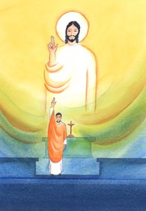 Chrystus przemawia i działa przez swoich kapłanów, którzy błogosławią i przebaczają „in persona Christi capitis”, „w osobie Chrystusa Głowy”, 2002 (w/c na papierze) autorstwa Elizabeth Wang