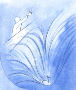 Chrystus przemawiał z wielką odwagą do Swoich apostołów, trzymając kielich Jego Krwi i już widząc Swoją „dołę” cierpienia, 2001 (w/c na papierze) autorstwa Elizabeth Wang