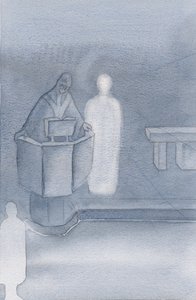 Chrystus stał obok księdza, który czytał nam wszystkim Ewangelię świętą, która była własnym słowem Chrystusa., 2000 (w/c na papierze) autorstwa Elizabeth Wang