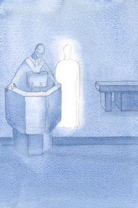 Chrystus stał obok księdza, który czytał nam wszystkim Ewangelię świętą, która była własnym słowem Chrystusa., 2000 (w/c na papierze) autorstwa Elizabeth Wang