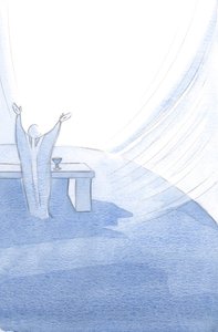 Chrystus podtrzymuje Swój Święty Kościół w każdym momencie swojego życia, z wyciągniętymi ramionami, gdy składa Swoją Świętą Ofiarę., 2001 (w/c na papierze) autorstwa Elizabeth Wang
