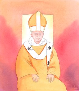 Chrystus powiedział mi, że nikt nie jest bardziej dalekowzroczny niż papież Benedykt XVI w kwestii zmian, które są konieczne, aby zapewnić, że Święta Liturgia jest sprawowana w odpowiedni sposób, godny Nieba, 2005 (akwarela na papierze) autorstwa Elizabeth Wang