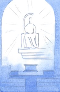 Chrystus siedział na niebiańskim tronie w naszym Sanktuarium. Chrystus nasz Bóg jest godny cierpień, które ponosimy z miłości do Niego, 2002 (w/c na papierze) autorstwa Elizabeth Wang