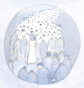 Chrystus kroczył pośród swojego ludu, dziecko na ramionach, z pielgrzymami i chorymi., 2001 (w/c na papierze) autorstwa Elizabeth Wang