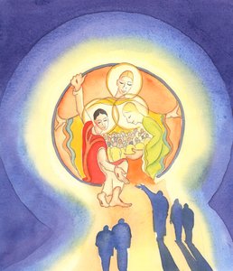 Chrystus przyjmuje duszę skruszoną i chętną do serca Trójcy Świętej. „Ci, którzy się w Nim ukrywają, nie będą potępieni” (Ps 33), 2001 (w/c na papierze) autorstwa Elizabeth Wang