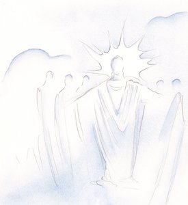 Chrystus, który jest drzwiami, prowadzi nas tam i z powrotem w niebiańskim towarzystwie, 2000 (w/c na papierze) autorstwa Elizabeth Wang