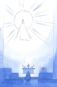 Święta Matka Chrystusa żyje teraz „życiem zmartwychwstałym”, którym mamy nadzieję cieszyć się; i jest bardzo blisko Chrystusa i nas, 2002 (w/c na papierze) autorstwa Elizabeth Wang