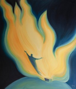 Miłość Chrystusa do Ojca jest jak ogień spotykający się z ogniem, w którym uczestniczymy i oczyszczamy się, 2001 (olej na pokładzie) autorstwa Elizabeth Wang