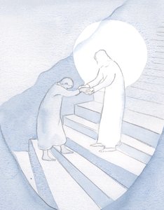 Każda mała ufna modlitwa pozwala Chrystusowi prowadzić nas dalej na Świętą Górę. Ale nie rysuje nas bez naszej zgody., 2001 (w/c na papierze) autorstwa Elizabeth Wang
