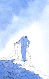 Za każdym razem, gdy decydujemy się czynić Wolę Bożą, a nie własną, jesteśmy jak ktoś, kto usuwa nici, które wciąż do Niego się trzymają, kiedy odważnie „spada na spadochronie” do życia w łasce, 2002 (w/c na papierze)