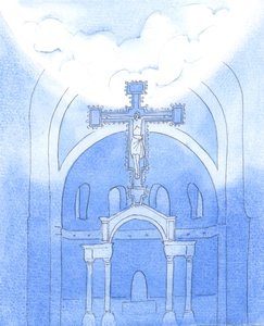 Daleko "ponad" nami, na wyżynach Nieba, mieszka Ojciec, Którego chwalimy we Mszy przez Chrystusa, Jego Syna, 2005 (akwarela na papierze) autorstwa Elizabeth Wang