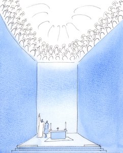 Bóg Ojciec jest otoczony w niebie przez świętych, którzy dzielą Jego radość, 2005 (akwarela na papierze) autorstwa Elizabeth Wang