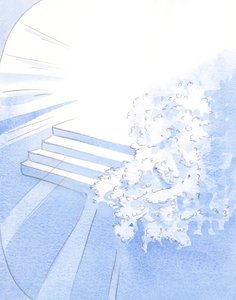 Bóg przywitał swoich umęczonych mnichów w towarzystwie Świętych. Białe kwiaty zdobiły wejście do chwały, 2002 (w/c na papierze) autorstwa Elizabeth Wang
