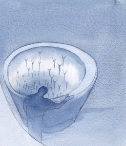 Jak bardzo dusze zmarłe potrzebują naszych modlitw. Niektóre są bliżej światła; inni są zawieszeni nad głębinami., 2001 (w/c na papierze) autorstwa Elizabeth Wang