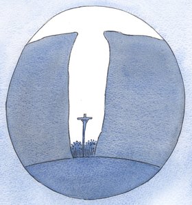 Bez względu na to, jak mała, izolowana lub prześladowana może być nasza społeczność, Chrystus jest pośród nas na Mszy, jak w przepaści, 2001 (w/c na papierze) autorstwa Elizabeth Wang