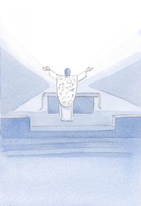 Widziałam Chrystusa po konsekracji. Stał przed ołtarzem z uniesionymi rękami, modląc się Swoimi kapłańskimi modlitwami (również naszymi) do Ojca w górze., 2001 (w/c na papierze) autorstwa Elizabeth Wang