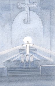 Widziałam Chrystusa patrzącego na swój lud, cieszącego się, że jest tu z nami wszystkimi., 2000 (w/c na papierze) autorstwa Elizabeth Wang