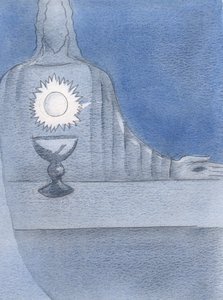 Widziałam Jezusa, Naprawdę Obecnego na ołtarzu; i widziałem Hostię lśniącą „jak Jego serce”, 2000 (w/c na papierze) autorstwa Elizabeth Wang