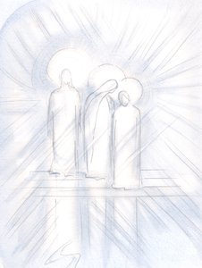Widziałam wyraźnie Jezusa, Jego Świętą Matkę u Jego boku i Świętego Józefa obok Niej. Chrystus daje nam je jako pomocników i przykłady, 2000 (w/c na papierze) autorstwa Elizabeth Wang