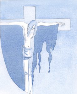 Widziałam, że ogromne wylanie Bożej łaski było możliwe dzięki krwawej ofierze złamanego ciała na Kalwarii, 2000 (w/c na papierze) autorstwa Elizabeth Wang