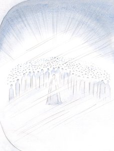 Widziałem świętych przepychających się niejako o przywilej pomagania nam, z Matką Boską w ich centrum, 2000 (w/c na papierze) autorstwa Elizabeth Wang