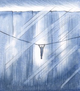 Przylgnęłam samą wiarą, przylgnęłam do cienkiej nici nadziei, zawieszona nad ogromną otchłanią, 2000 (w/c na papierze) autorstwa Elizabeth Wang