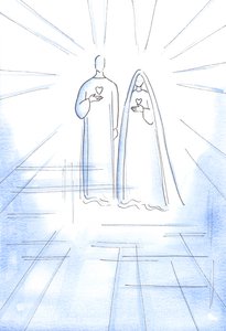 Pokazano mi Dwa Serca: bezgrzesznego Chrystusa i Jego Niepokalanej Matki, w Promienistym Świetle Nieba, 2002 (w/c na papierze) autorstwa Elizabeth Wang