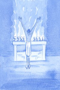Jeśli Chrystus – z czcią – ofiarowuje pokorną chwałę Ojcu, czy ośmieli się ktokolwiek na ziemi ofiarować chwałę z mniejszą czcią?, 2002 (w/c na papierze) autorstwa Elizabeth Wang