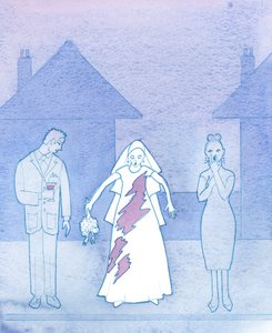 Wyobraź sobie, jak zawstydzona byłaby panna młoda, której suknia została poplamiona rozlanym napojem, a potem pomyślała o jej marszu w kierunku ołtarza, 2003 (w/c na papierze) autorstwa Elizabeth Wang