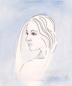 W Niebie Dziewica Maryja podziela troskę syna o wszystko, co dzieje się na ziemi, 2000 (w/c na papierze) autorstwa Elizabeth Wang