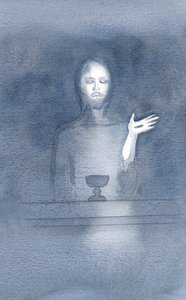W swoim miłosierdziu Chrystus przychodzi do naszego ołtarza, codziennie, gdy Go witamy, w ciemności wiary, 2000 (w/c na papierze) autorstwa Elizabeth Wang