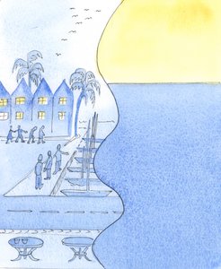 W nadmorskim miasteczku możemy popatrzeć na ruchliwe ulice i port lub odwrócić się, by podziwiać niebo i spokojne morze, 2003 (w/c na papierze) autorstwa Elizabeth Wang