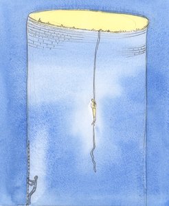 We wstawiennictwie Bóg pozwala jednej osobie zejść na linie, aby uratować inną osobę, która utknęła w głębokim podziemnym szybie, 2004 (w/c na papierze) autorstwa Elizabeth Wang