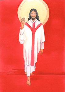 We Mszy św. Jezus z wielką miłością wita wszystkich, którzy Go kochają i przyjmują. On jest naprawdę obecny z nami w Komunii św. 2000 (w/c na papierze) autorstwa Elizabeth Wang