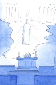 To było tak, jakby podłoga Nieba była rozciągnięta nad ołtarzem, tak że Chrystus był obecny zarówno w Niebie, jak i na Ołtarzu, 2003 (w/c na papierze) autorstwa Elizabeth Wang