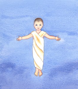 Jezus Chrystus jest prawdziwym Bogiem, który przyjął naszą ludzką naturę, mając pokorę i dobroć, aby przyjść do nas jako zwykłe niemowlę, 2003 (w/c na papierze) autorstwa Elizabeth Wang