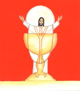 Jezus Chrystus, nasz wcielony Bóg, jest istotnie obecny z nami w Świętej Eucharystii, 2005 (akwarela na papierze) autorstwa Elizabeth Wang