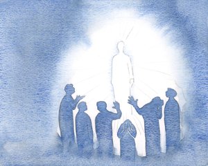 Jezus płonie w niebie czystością i mocą, 2000 (w/c na papierze) autorstwa Elizabeth Wang