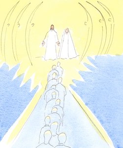 Jezus ukrzyżowany czeka u bram Nieba ze swoją matką Marią i świętymi aniołami, 2000 (w/c na papierze) autorstwa Elizabeth Wang