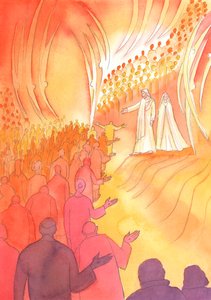 Jezus ukrzyżowany czeka u bram Nieba ze swoją matką Marią i świętymi aniołami, 2000 (w/c na papierze) autorstwa Elizabeth Wang