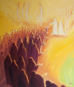 Jezus ukrzyżowany czeka u bram Nieba ze swoją matką Marią i świętymi aniołami, 2000 (olej na pokładzie) autorstwa Elizabeth Wang