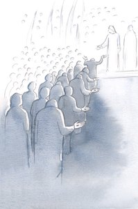 Jezus ukrzyżowany czeka u bram Nieba ze swoją matką Marią i świętymi aniołami, 2000 (w/c na papierze) autorstwa Elizabeth Wang